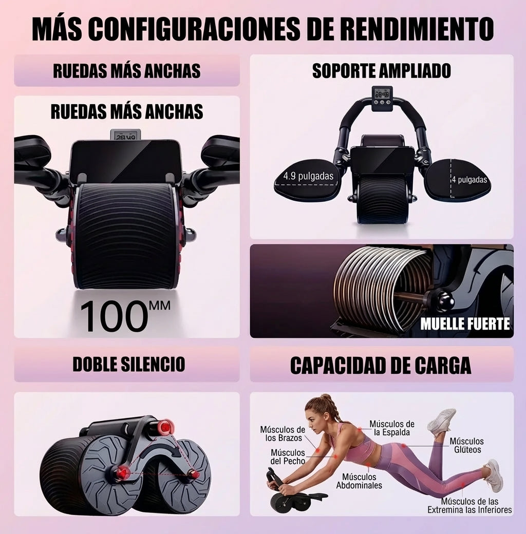 Rodillo abdominal con apoyabrazos, cronometro y alfombrilla para rodillos