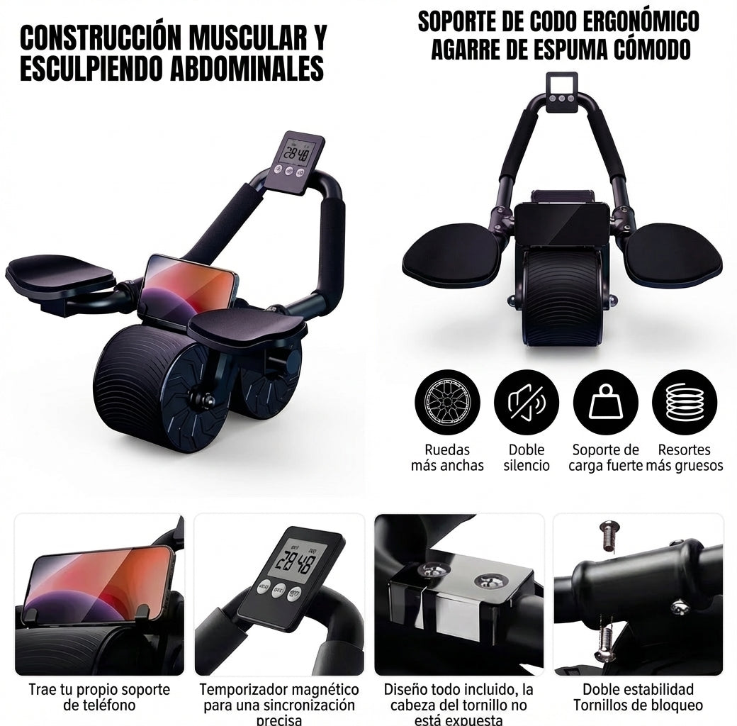 Rodillo abdominal con apoyabrazos, cronometro y alfombrilla para rodillos
